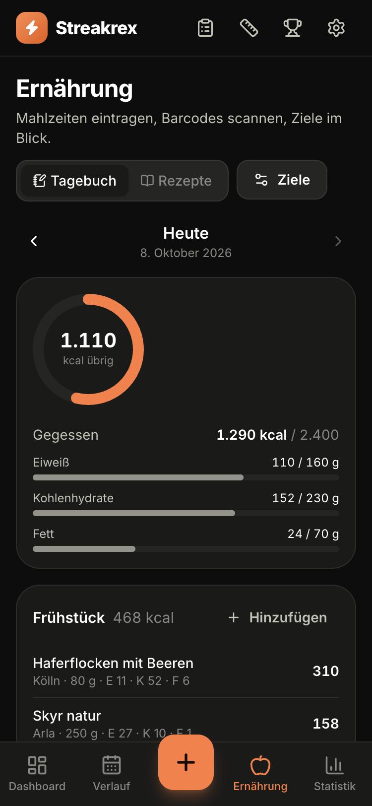 Ernährungstagebuch mit Kalorienring und Makros